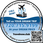 Travel advertisement with airplane, cruise ship, and building icons, promoting dream trips and including a QR code.