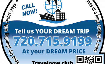 Travel advertisement with airplane, cruise ship, and building icons, promoting dream trips and including a QR code.