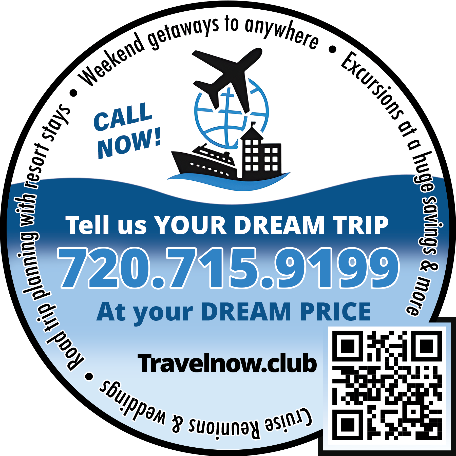 Travel advertisement with airplane, cruise ship, and building icons, promoting dream trips and including a QR code.