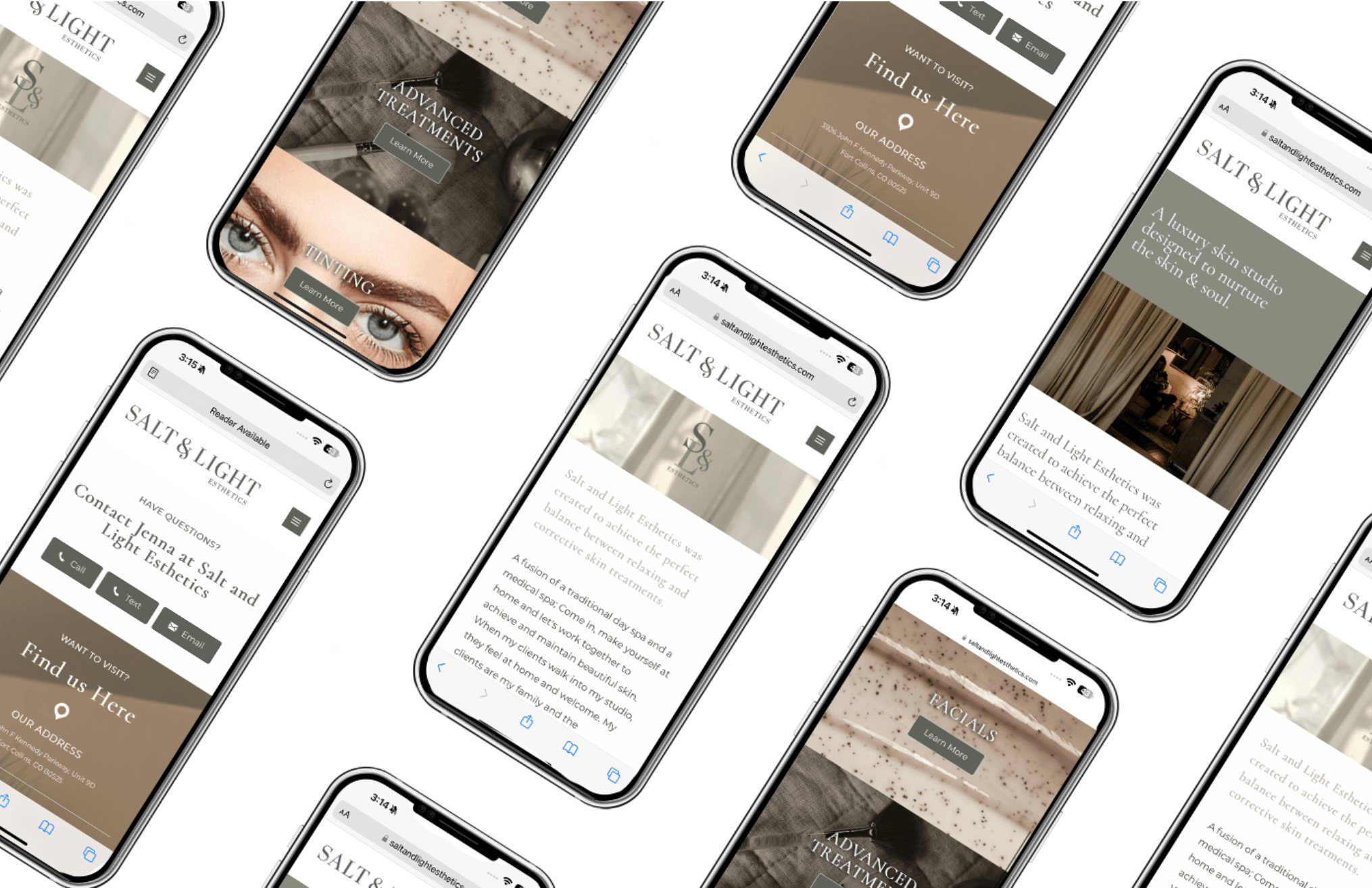 Multiple smartphones displaying website screens with text and images, arranged diagonally on a white background.