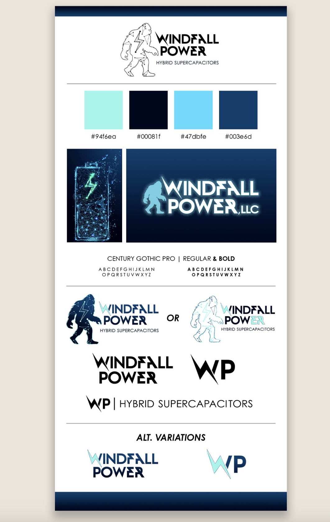 Designs and logos for Windfall Power, including color swatches, a phone screen, and various logo styles, on a white background.