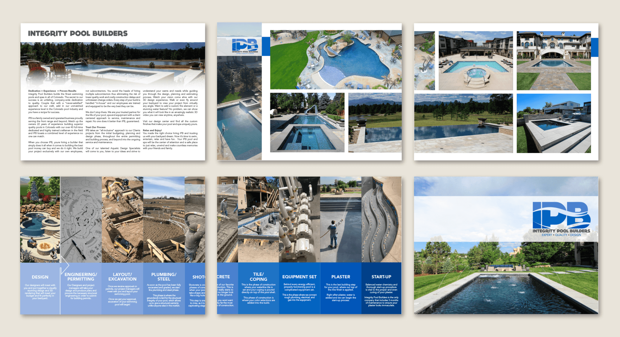 Brochure pages showing pool construction, design, and completed pools with outdoor settings, text, and images.